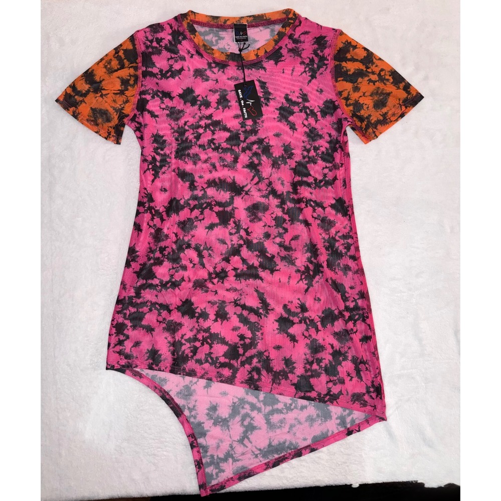 Save the Faith Pink Orange Tie Dye Mesh Tunic Top Swim Cover Up Asymmetrical M
